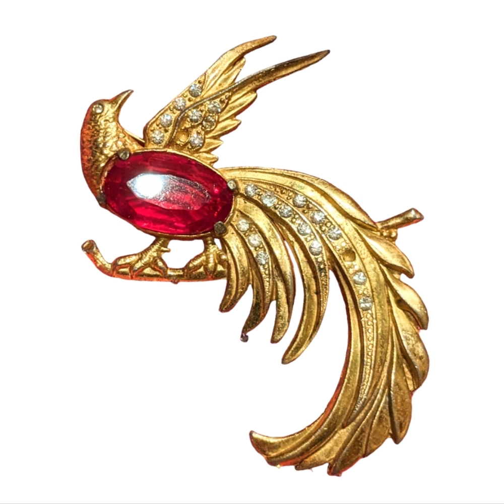 Vintage 1940 red crystal & gold faceted rare crystal Gold plate bird of Paradise